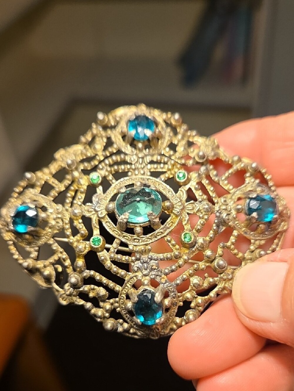 Vintage Czech Brass Filigree Brooch with Teal and Green Stones - Picture 7 of 8